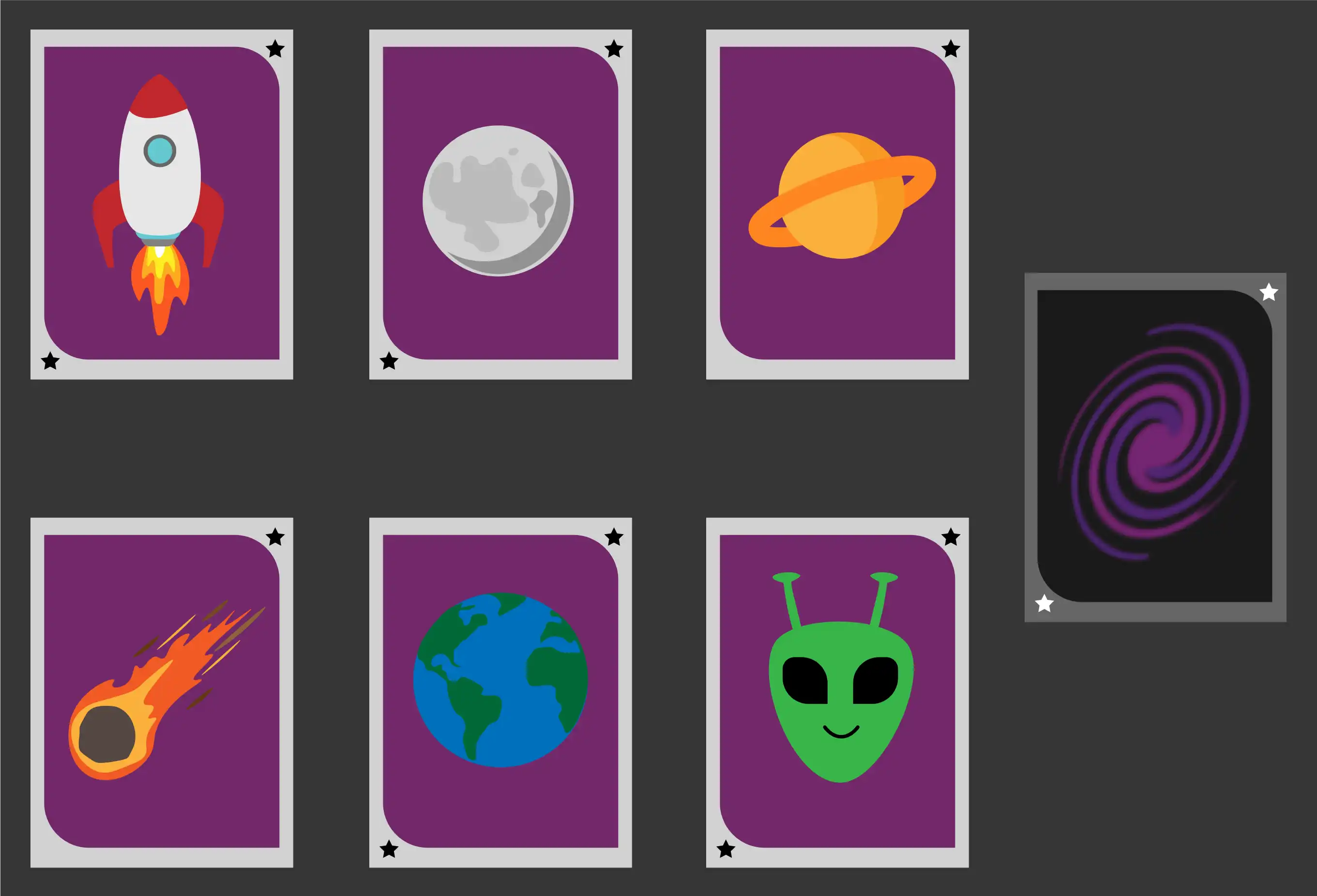 7 cards, 6 with different icons like a moon, rocket, alien, meteor, sun, and earth. 7th is an image of the back of the card showing a black hole design