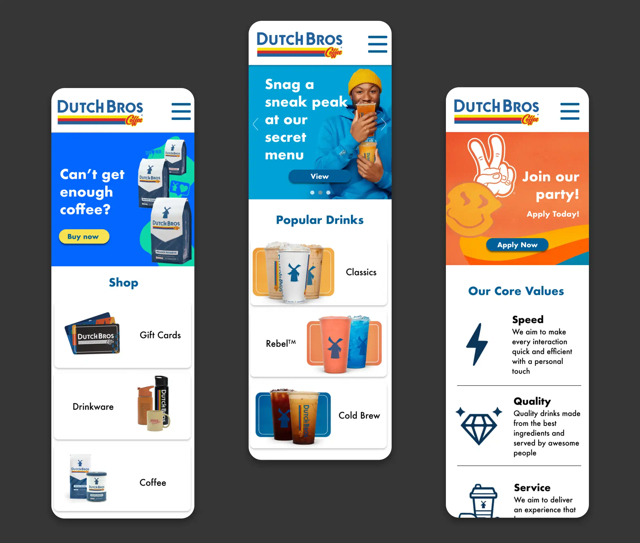 3 mobile mockups of the Dutch Bros User Interface.