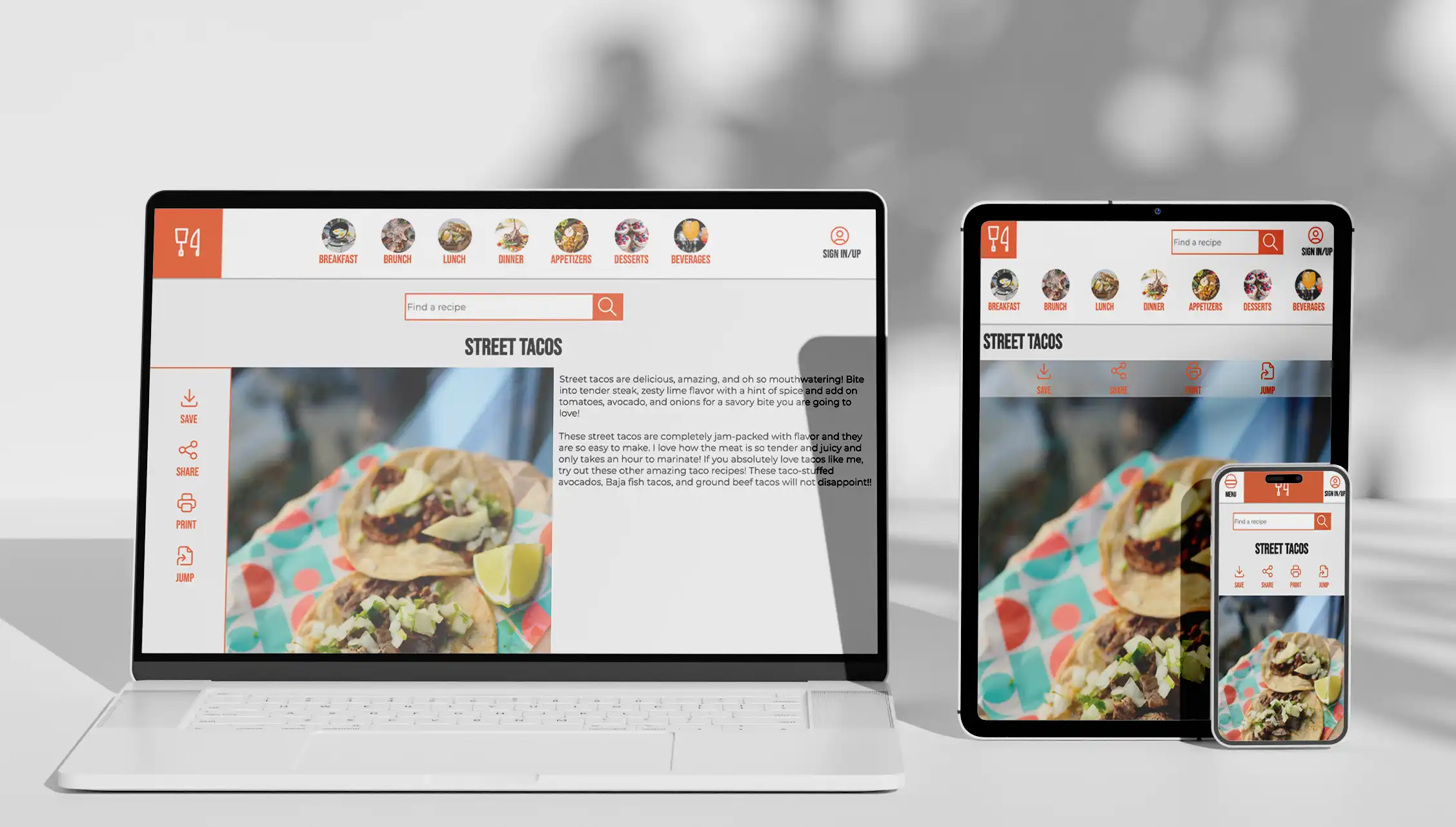 Mockups of the Good Eat recipe website, this has a mobile, tablet and destop version in the photo. Main design colors are orange and white.