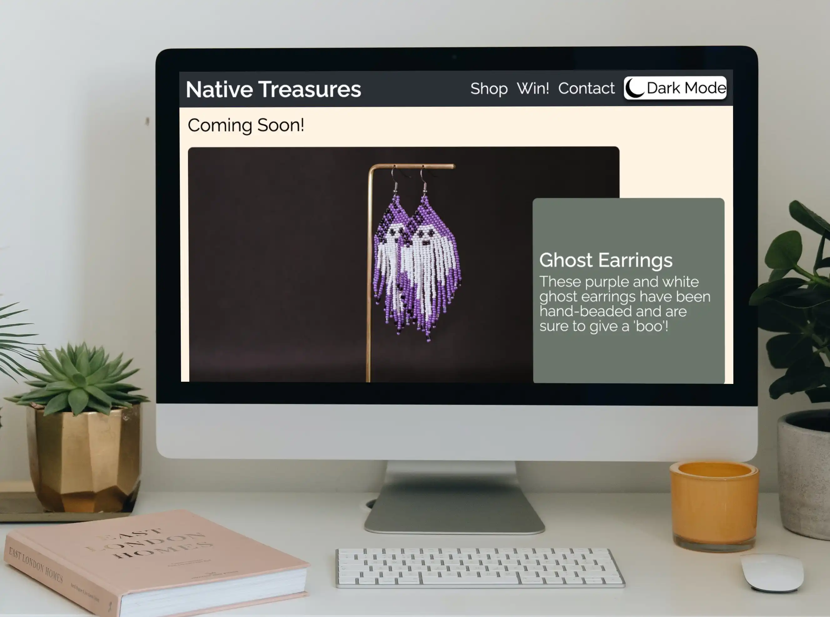 Desktop design of the Native treasure website, mockup is placed on a Mac computer in an office