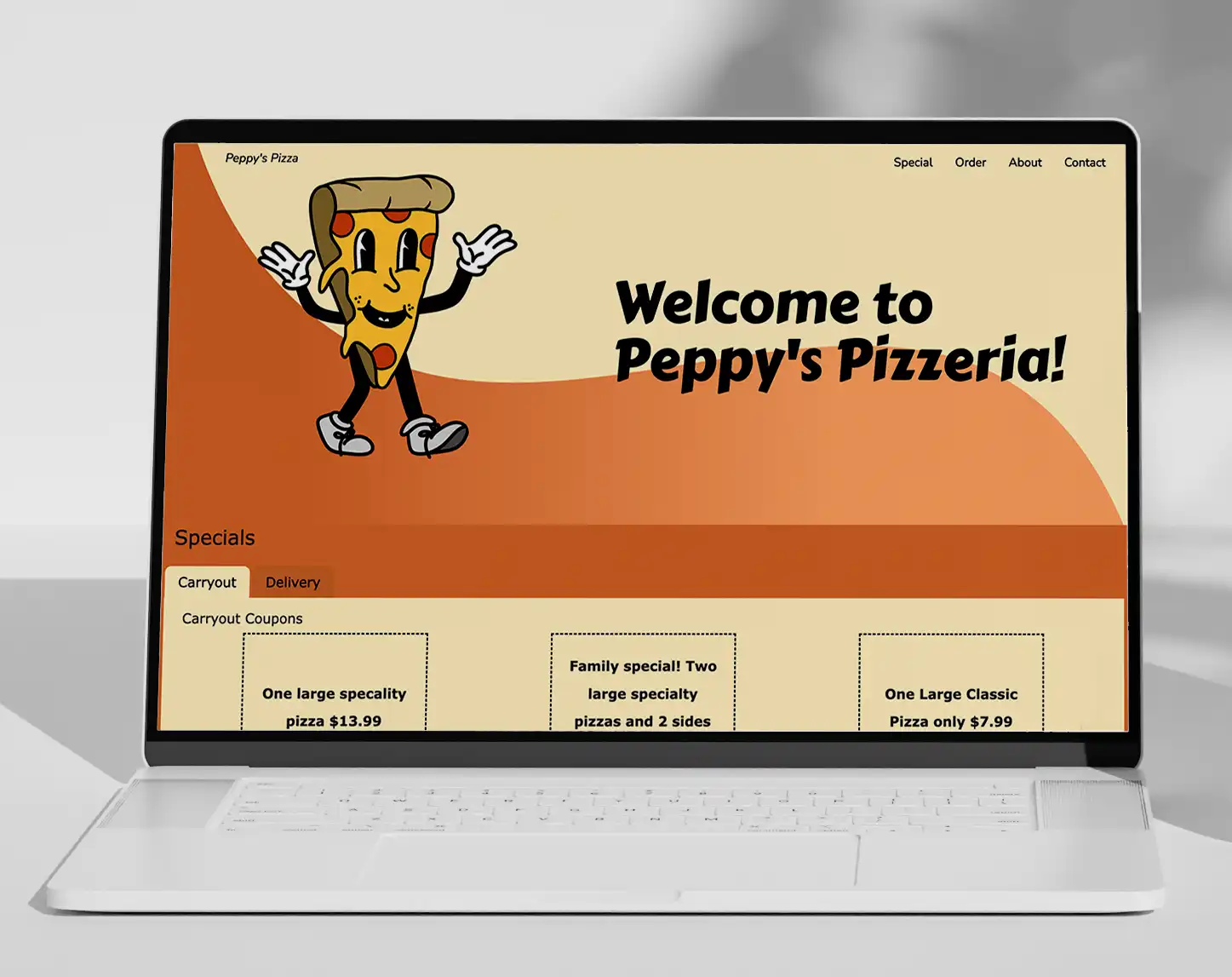 Peppy’s Pizzeria desktop mockup. Has a large image of a pizza cartoon on the front page greeting it's guests